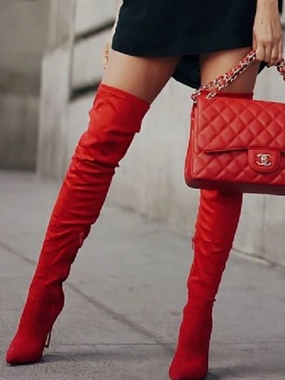 Red Over-the-Knee Faux Suede Boots w Comfortable Chunky Heel
